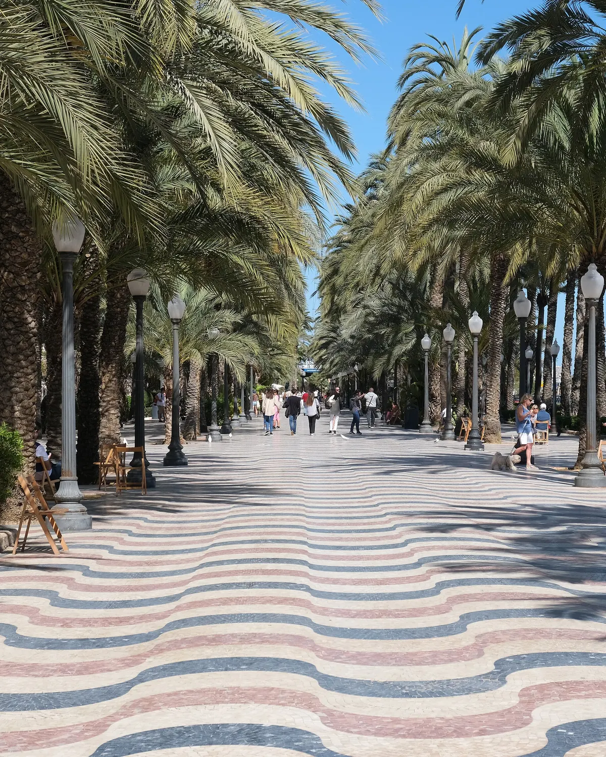 De golvende marmeren bestrating van de Explanada de España in Alicante, in rood, grijs en crème, tussen rijen hoge palmbomen