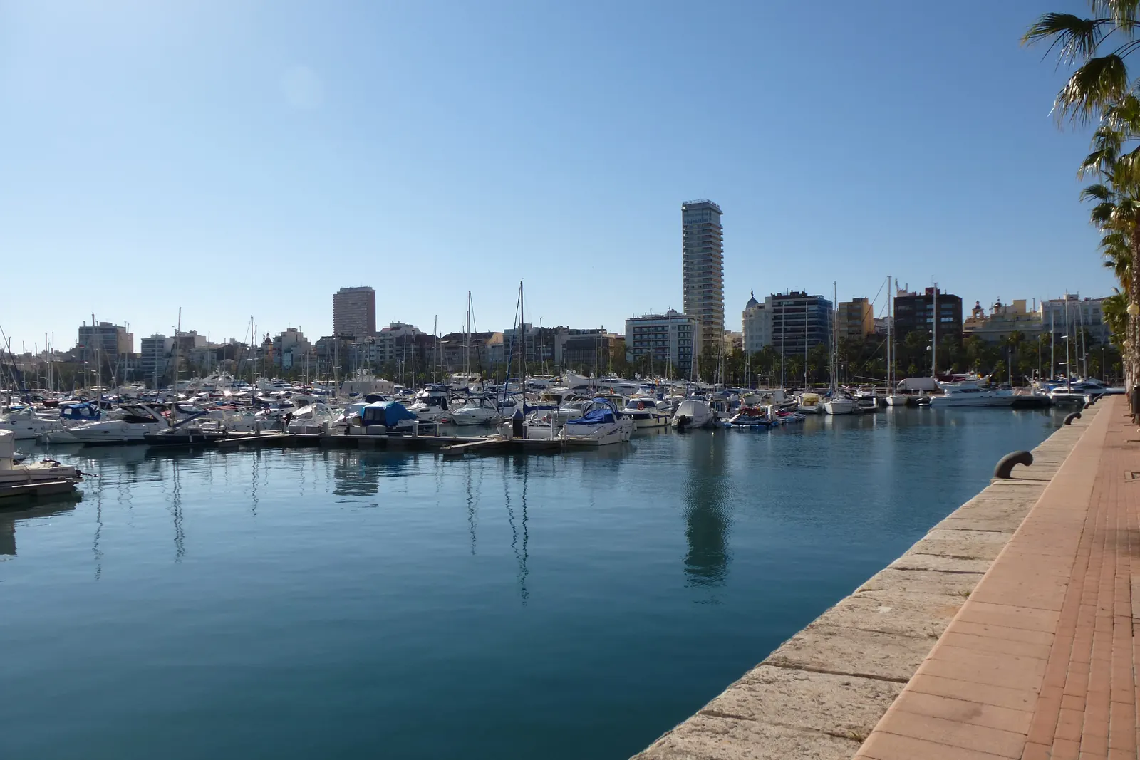 De jachthaven van Alicante in helder licht, met aangemeerde boten langs een stenen kade en appartementstorens aan de overkant